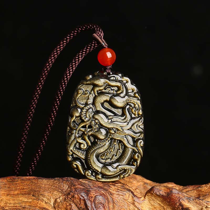 Buddha Stones Gold Sheen Obsidian Dragon Pattern Success Necklace Pendant - Gold Sheen Obsidian - image 0