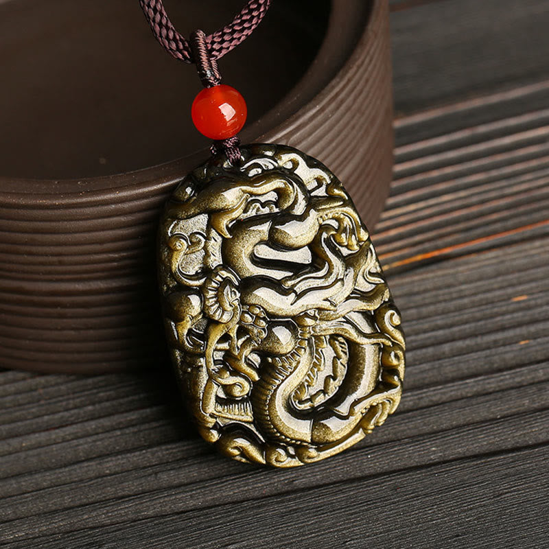 Buddha Stones Gold Sheen Obsidian Dragon Pattern Success Necklace Pendant - image 1