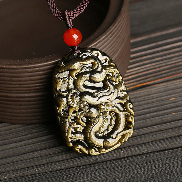 Buddha Stones Gold Sheen Obsidian Dragon Pattern Success Necklace Pendant - image 1