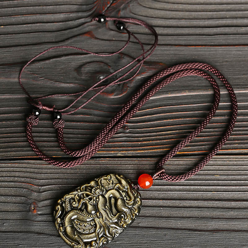 Buddha Stones Gold Sheen Obsidian Dragon Pattern Success Necklace Pendant - image 2