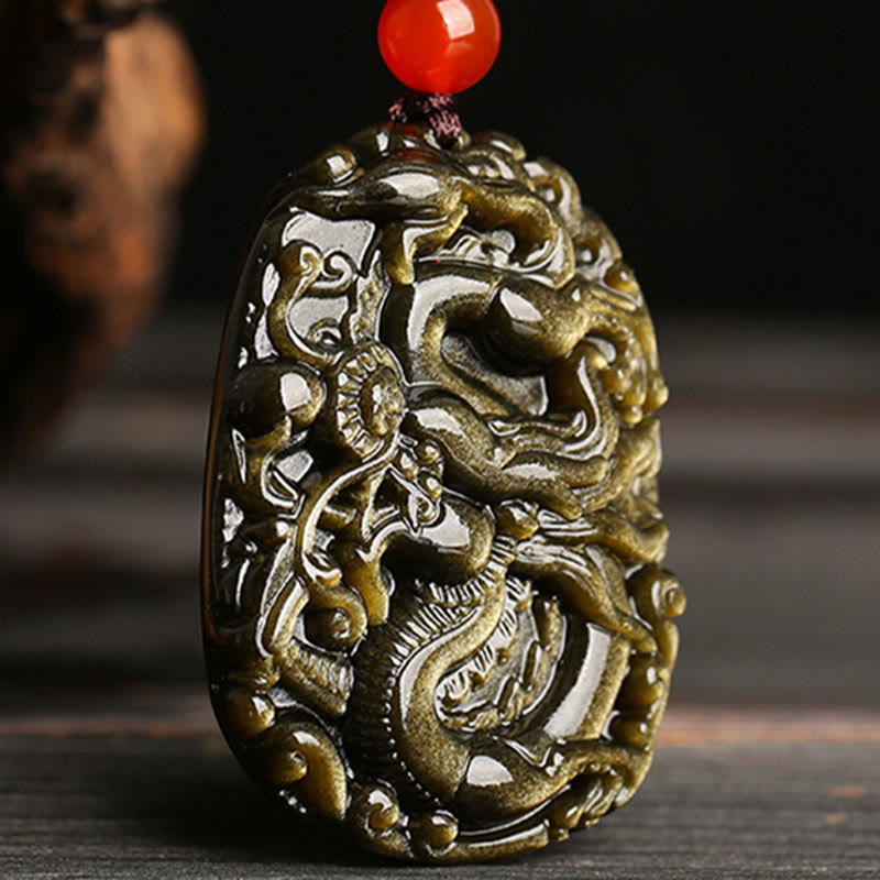 Buddha Stones Gold Sheen Obsidian Dragon Pattern Success Necklace Pendant - image 3