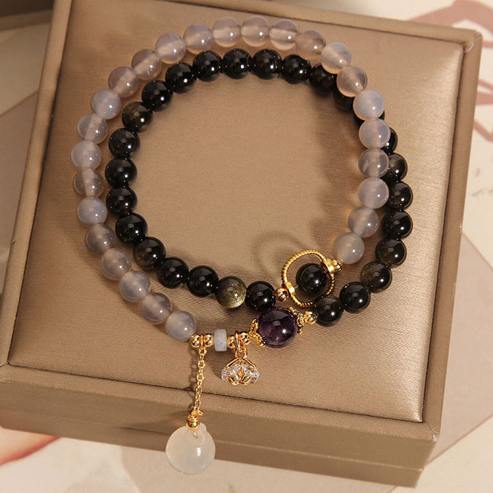 Buddha Stones Gold Sheen Obsidian Gray Agate Lotus Charm Strengthen Double Wrap Bracelet - image 1