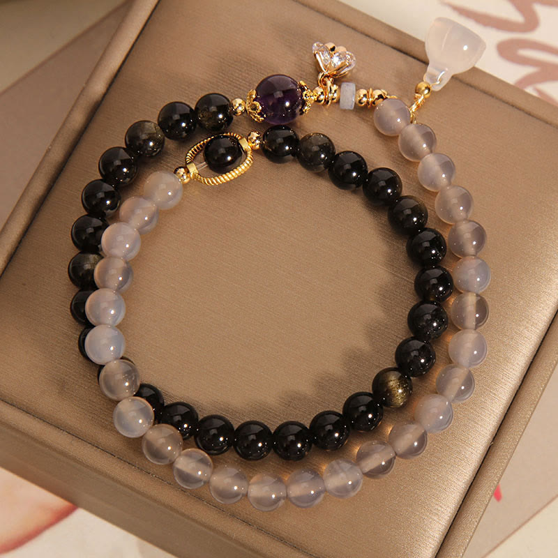 Buddha Stones Gold Sheen Obsidian Gray Agate Lotus Charm Strengthen Double Wrap Bracelet - image 4