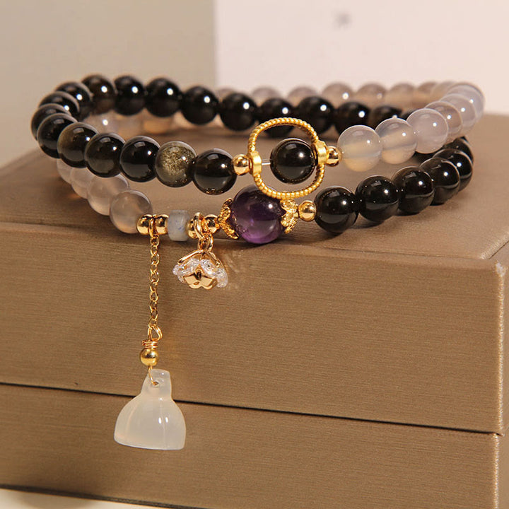 Buddha Stones Gold Sheen Obsidian Gray Agate Lotus Charm Strengthen Double Wrap Bracelet - image 5