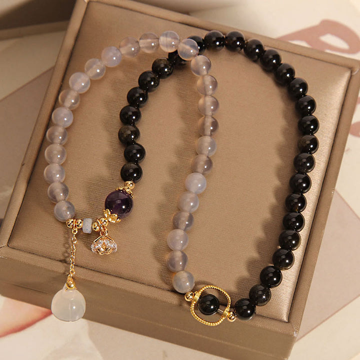 Buddha Stones Gold Sheen Obsidian Gray Agate Lotus Charm Strengthen Double Wrap Bracelet - image 3