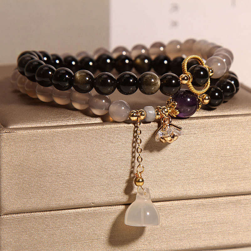 Buddha Stones Gold Sheen Obsidian Gray Agate Lotus Charm Strengthen Double Wrap Bracelet - image 2