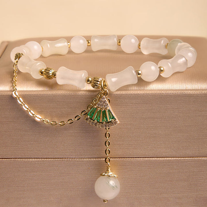Buddha Stones Tianshan White Jade Bamboo Pattern Luck Blessing Bracelet - White Jade Green Charm(Wrist Circumference 14-16cm) - image 0