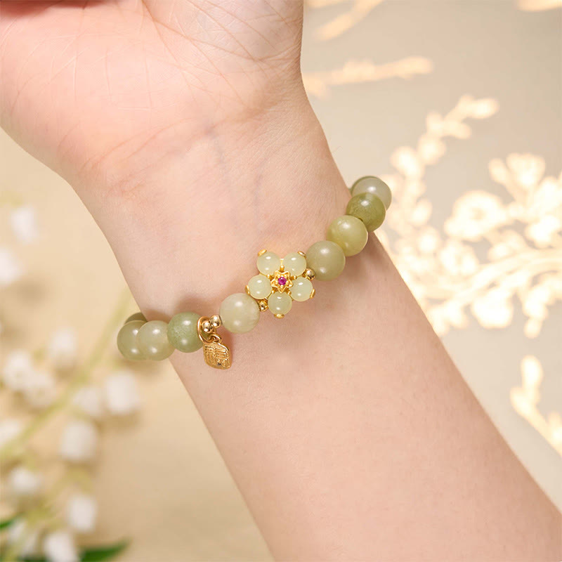 Buddha Stones Green Jade Flower Fu Character Charm Luck Bracelet - image 11