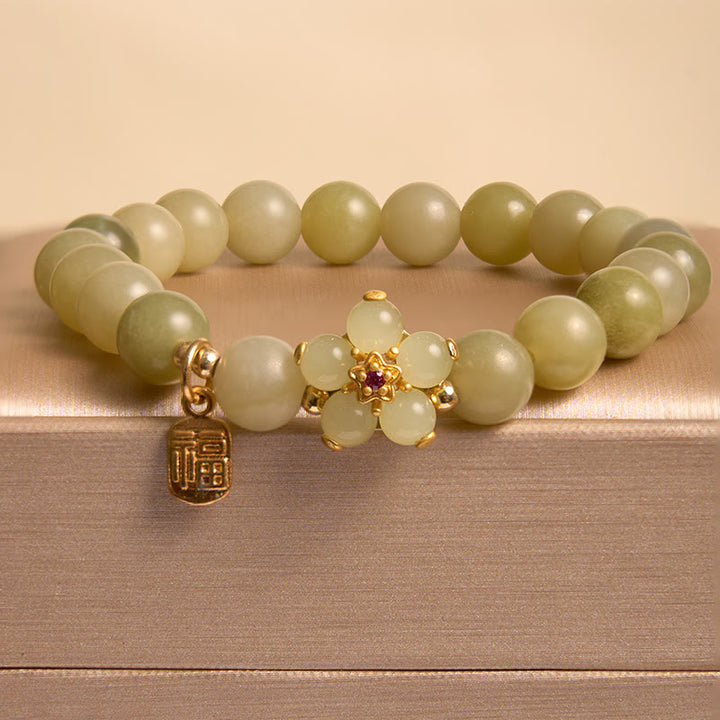 Buddha Stones Green Jade Flower Fu Character Charm Luck Bracelet - image 8