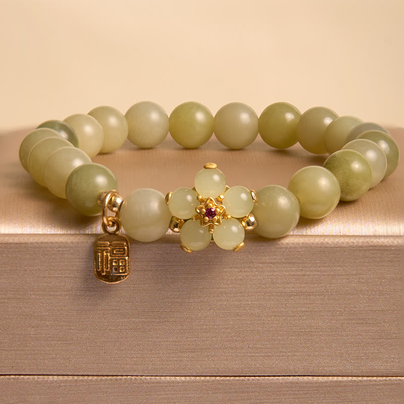 Buddha Stones Green Jade Flower Fu Character Charm Luck Bracelet - image 9