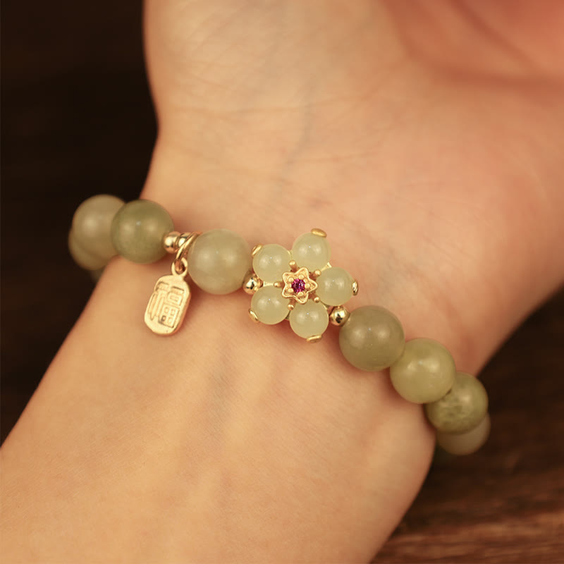 Buddha Stones Green Jade Flower Fu Character Charm Luck Bracelet - image 9
