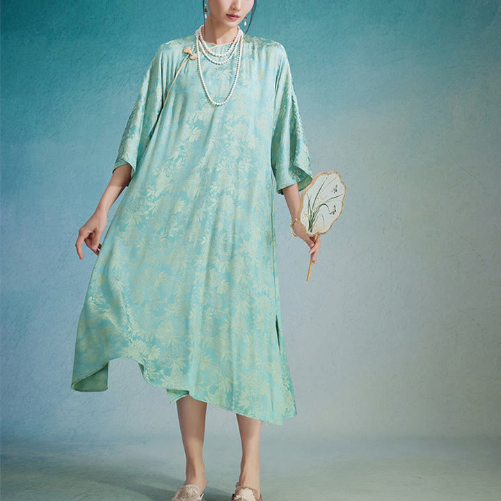 Buddha Stones Small Flower Leaf Jacquard Chinese Cheongsam Qipao Midi Dress With Pockets - image 4