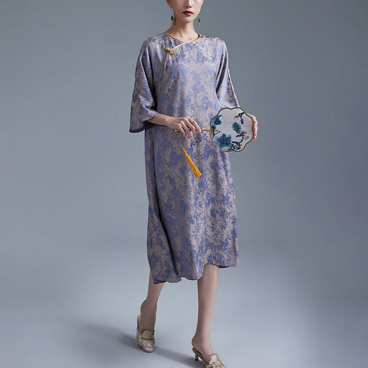 Buddha Stones Small Flower Leaf Jacquard Chinese Cheongsam Qipao Midi Dress With Pockets - image 13