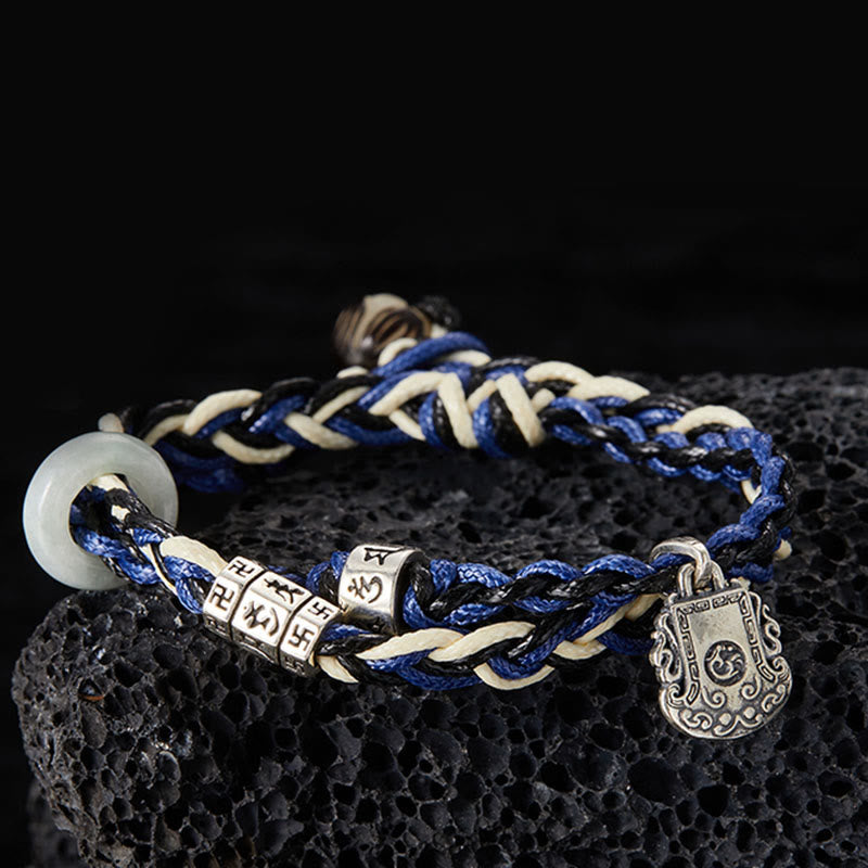 Buddha Stones 925 Sterling Silver Om Mani Padme Hum Swastika Handmade Protection Bracelet - 19cm fit for Wrist Circumference 17cm - image 0
