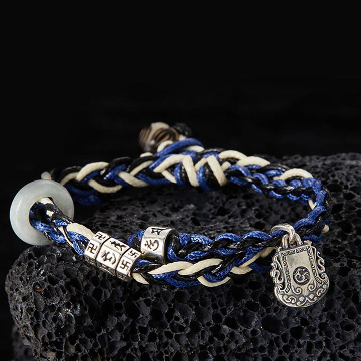 Buddha Stones 925 Sterling Silver Om Mani Padme Hum Swastika Handmade Protection Bracelet - 19cm fit for Wrist Circumference 17cm - image 0