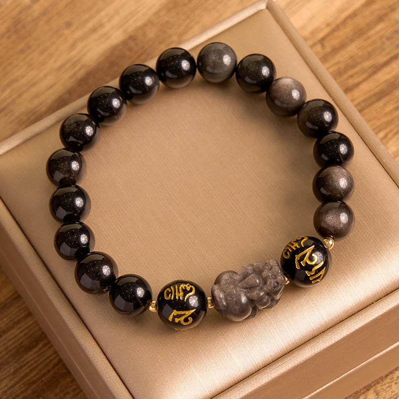 Buddha Stones Natural Silver Sheen Obsidian Black Obsidian Om Mani Padme Hum Pixiu Protection Bracelet - image 1