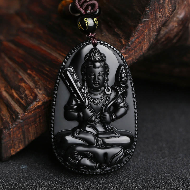 Buddha Stones Chinese Zodiac Natal Buddha Natural Black Obsidian Purification Necklace Pendant - Ox-Void Bodhisattva - image 14