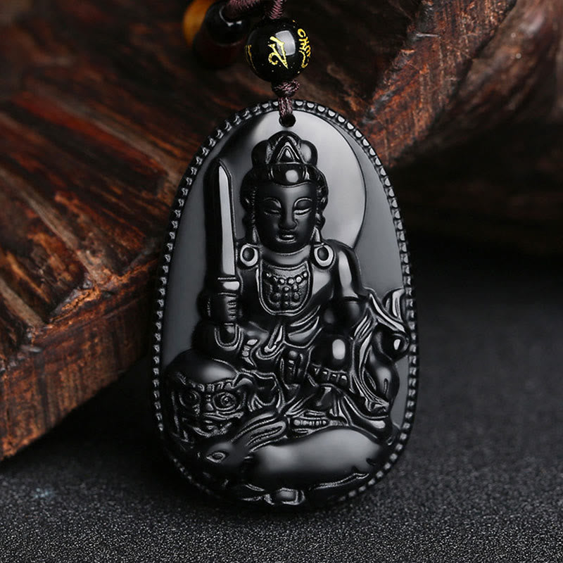 Buddha Stones Chinese Zodiac Natal Buddha Natural Black Obsidian Purification Necklace Pendant - Rabbit-Manjushri Bodhisattva - image 16