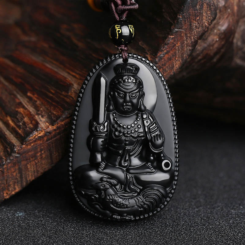 Buddha Stones Chinese Zodiac Natal Buddha Natural Black Obsidian Purification Necklace Pendant - Rooster-Acalanatha - image 22