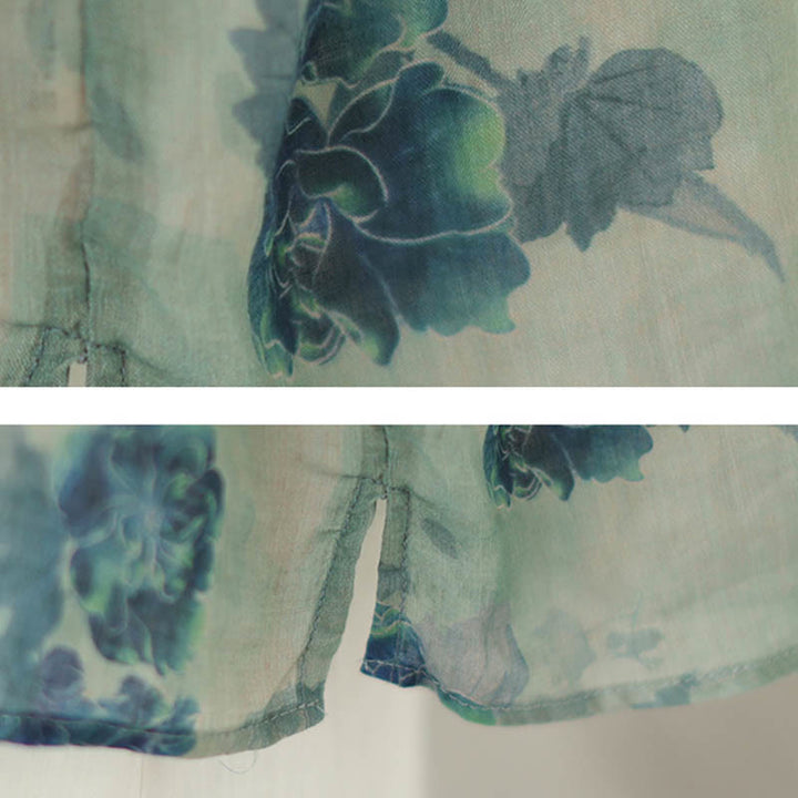 Buddha Stones PLUS SIZE Blue Jacaranda Flower Design Three Quarter Sleeve Ramie Linen Shirt - image 11