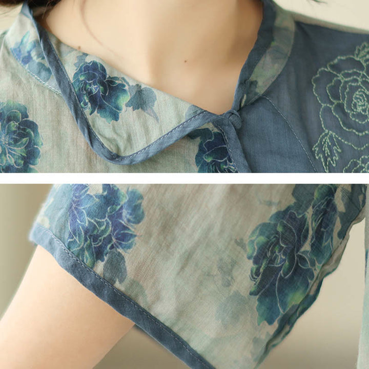 Buddha Stones PLUS SIZE Blue Jacaranda Flower Design Three Quarter Sleeve Ramie Linen Shirt - image 10