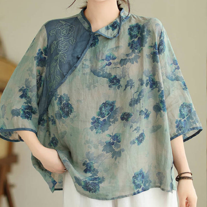 Buddha Stones PLUS SIZE Blue Jacaranda Flower Design Three Quarter Sleeve Ramie Linen Shirt - image 3