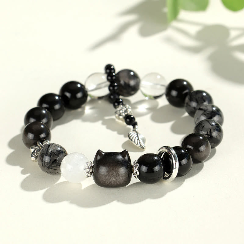 Buddha Stones Natural Silver Sheen Obsidian Cat Head Fox Planet Protection Bracelet - Silver Sheen Obsidian Cat Head(Wrist Circumference 14-16.5cm) - image 1