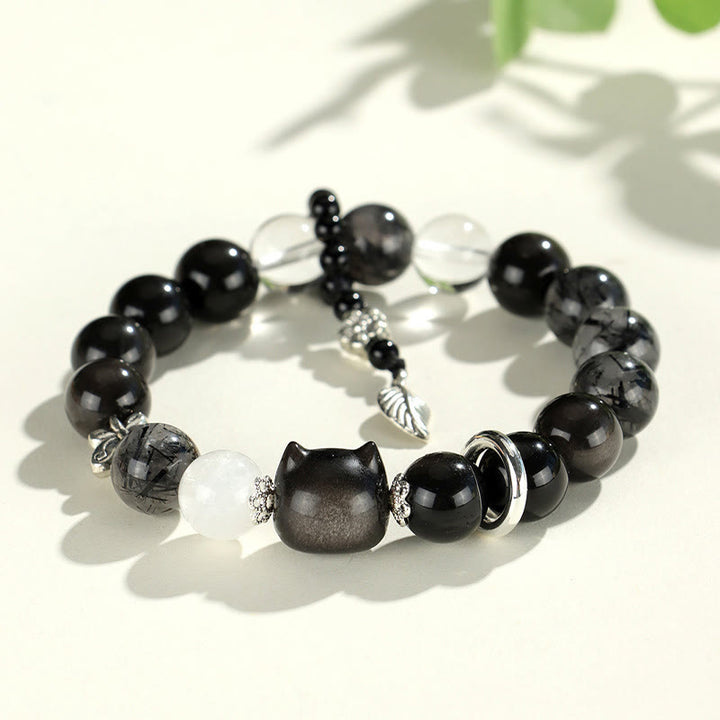 Buddha Stones Natural Silver Sheen Obsidian Cat Head Fox Planet Protection Bracelet - Silver Sheen Obsidian Cat Head(Wrist Circumference 14-16.5cm) - image 1