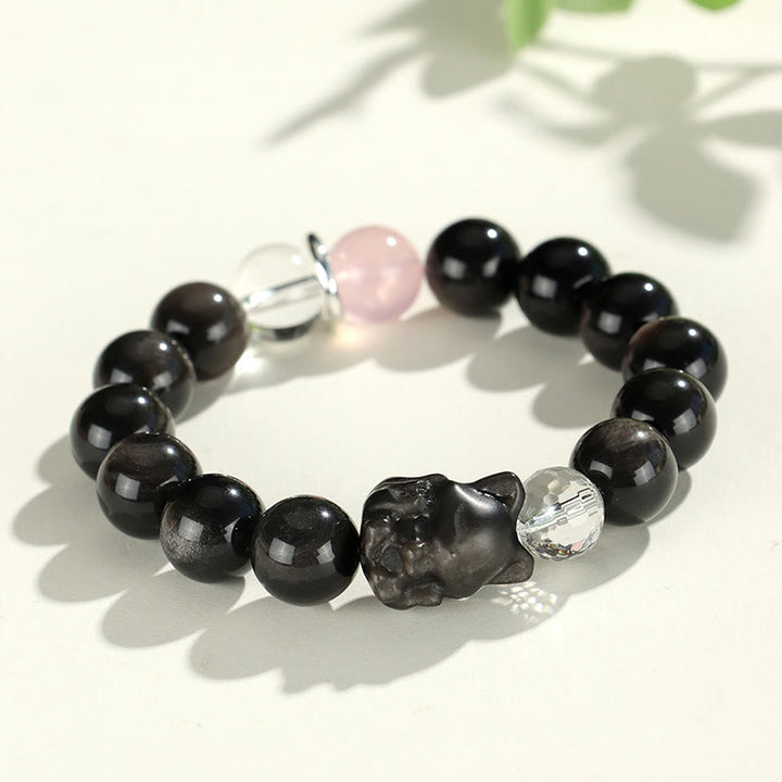 Buddha Stones Natural Silver Sheen Obsidian Cat Head Fox Planet Protection Bracelet - Silver Sheen Obsidian Fox(Wrist Circumference 14-16.5cm) - image 5