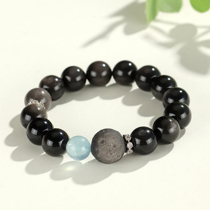 Buddha Stones Natural Silver Sheen Obsidian Cat Head Fox Planet Protection Bracelet - Silver Sheen Obsidian Planet(Wrist Circumference 14-16.5cm) - image 7