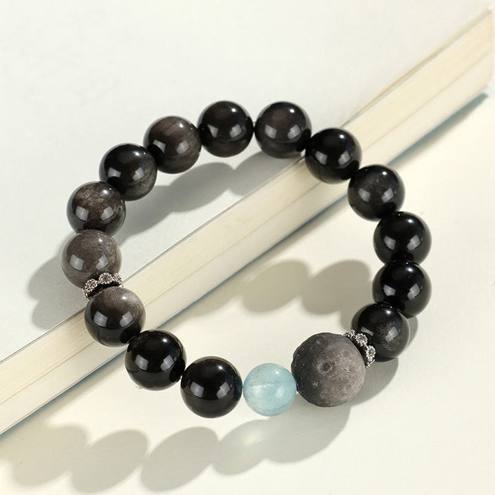 Buddha Stones Natural Silver Sheen Obsidian Cat Head Fox Planet Protection Bracelet - image 8