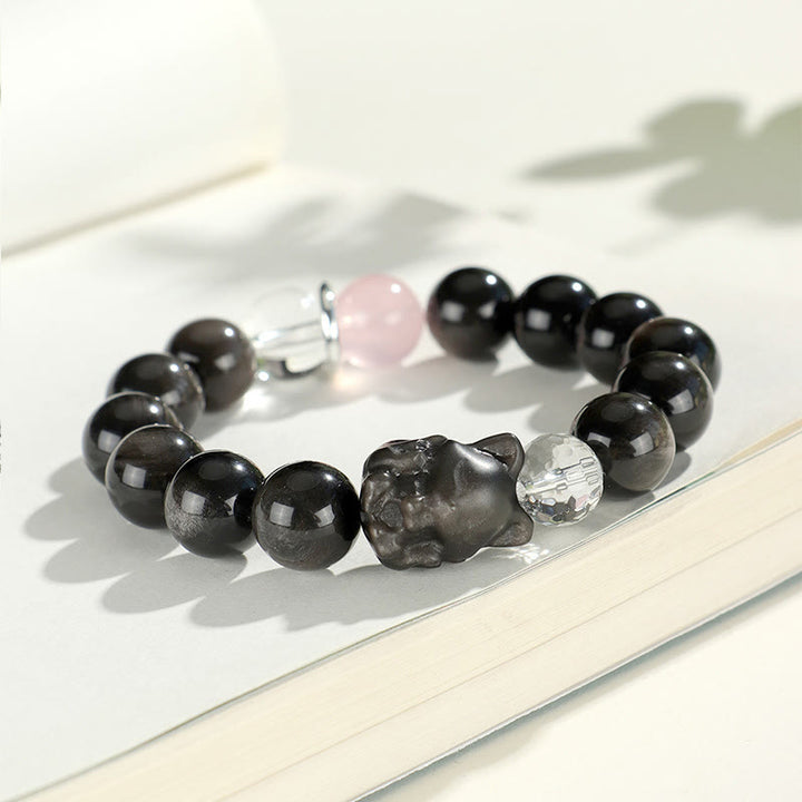 Buddha Stones Natural Silver Sheen Obsidian Cat Head Fox Planet Protection Bracelet - image 6