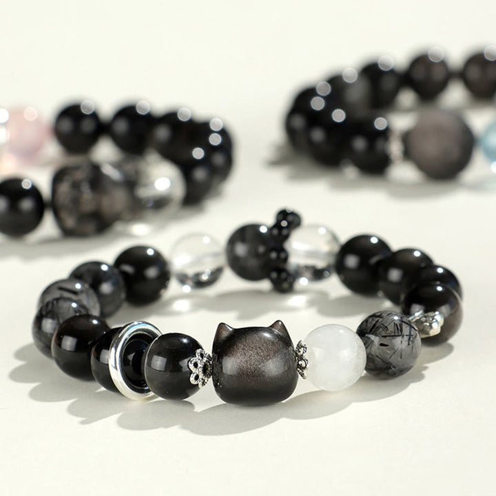 Buddha Stones Natural Silver Sheen Obsidian Cat Head Fox Planet Protection Bracelet - image 0