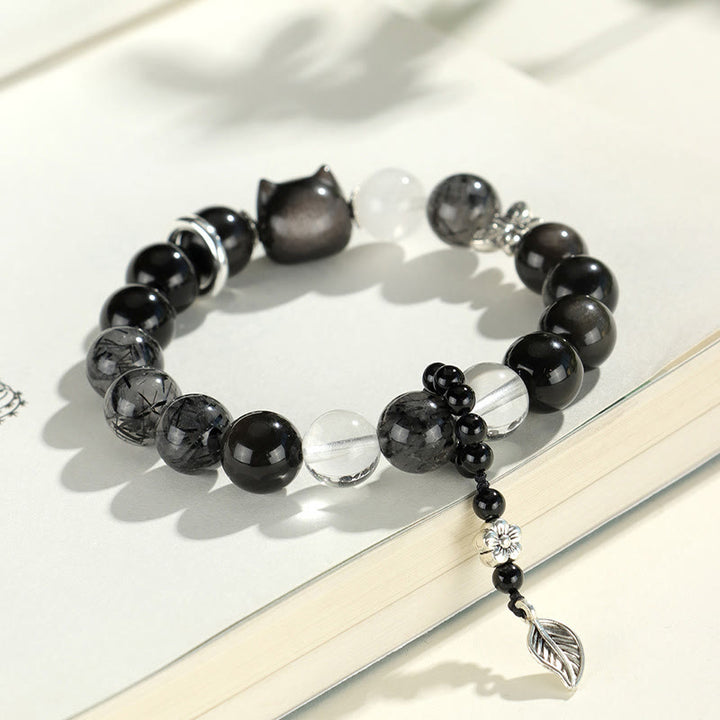 Buddha Stones Natural Silver Sheen Obsidian Cat Head Fox Planet Protection Bracelet - image 2