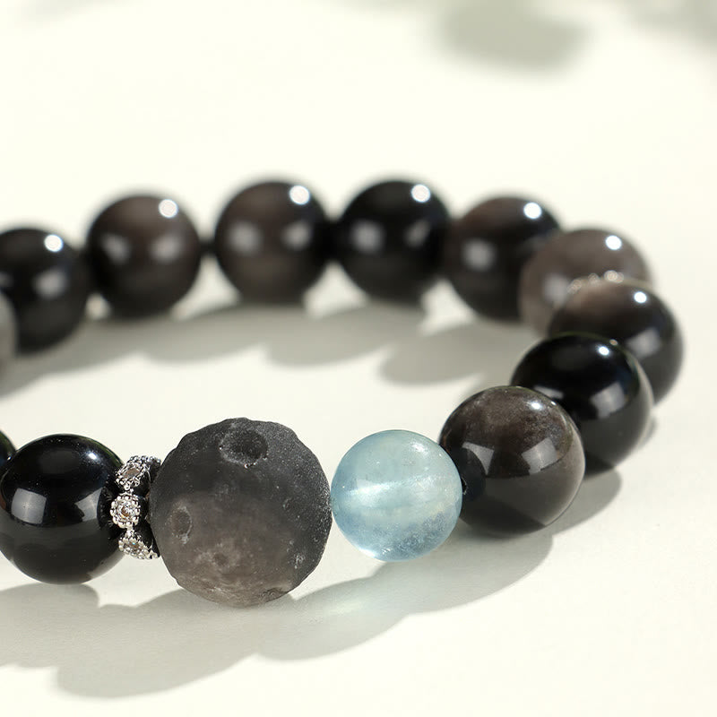 Buddha Stones Natural Silver Sheen Obsidian Cat Head Fox Planet Protection Bracelet - image 9