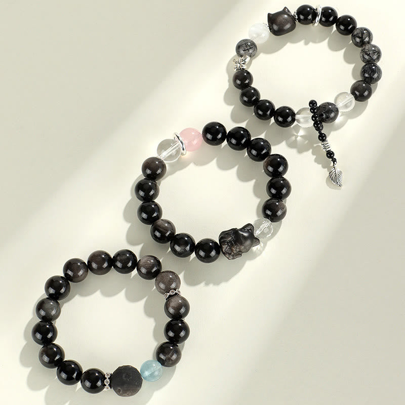 Buddha Stones Natural Silver Sheen Obsidian Cat Head Fox Planet Protection Bracelet - image 11