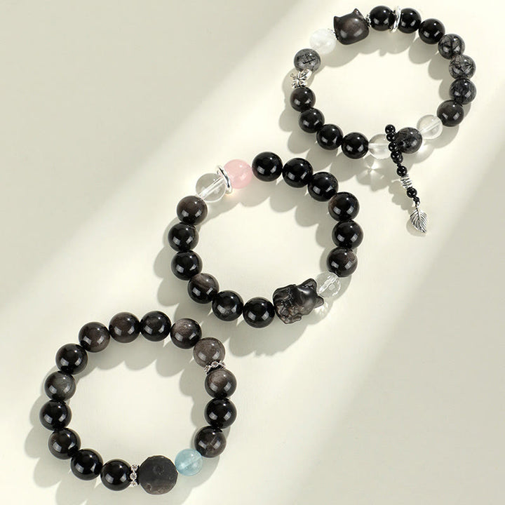 Buddha Stones Natural Silver Sheen Obsidian Cat Head Fox Planet Protection Bracelet - image 11