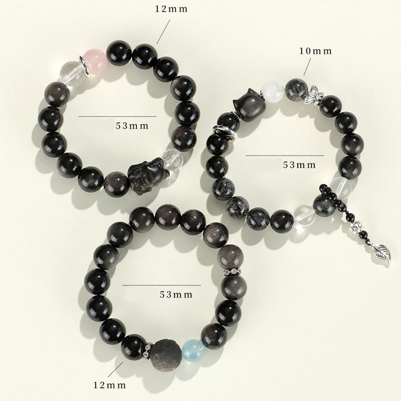 Buddha Stones Natural Silver Sheen Obsidian Cat Head Fox Planet Protection Bracelet - image 13