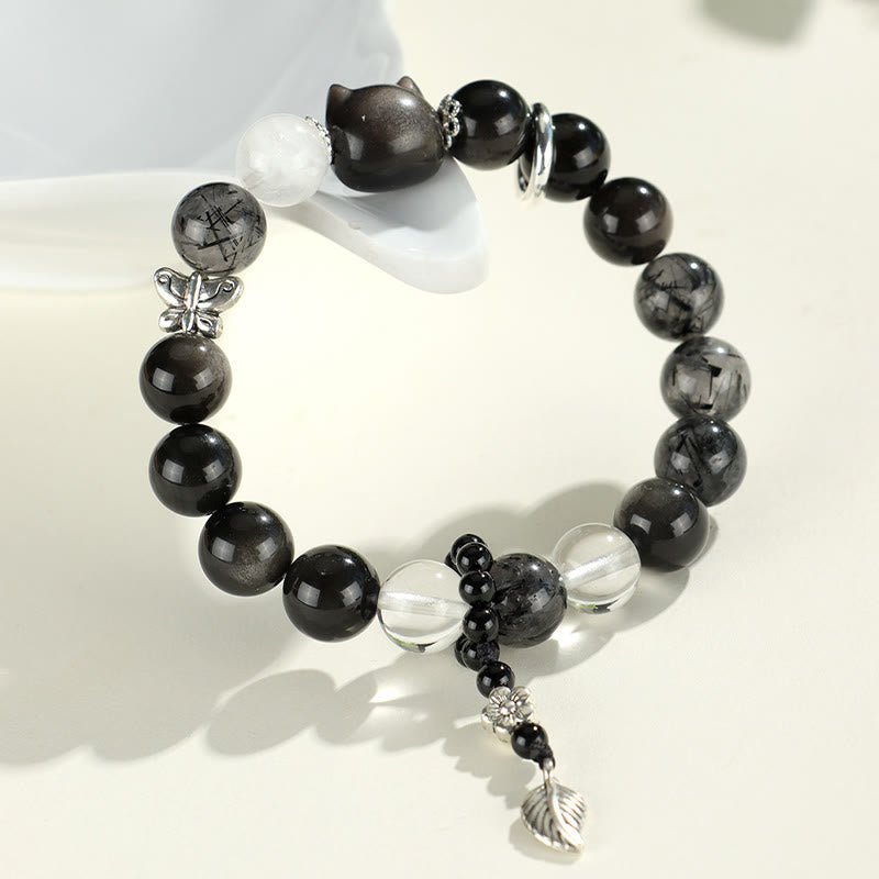 Buddha Stones Natural Silver Sheen Obsidian Cat Head Fox Planet Protection Bracelet - image 3