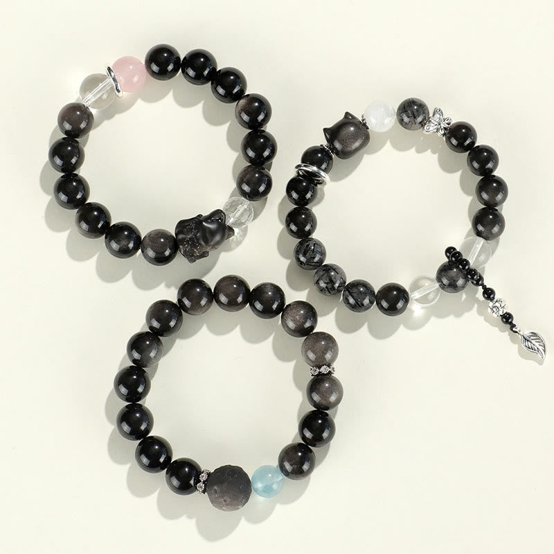 Buddha Stones Natural Silver Sheen Obsidian Cat Head Fox Planet Protection Bracelet - image 12