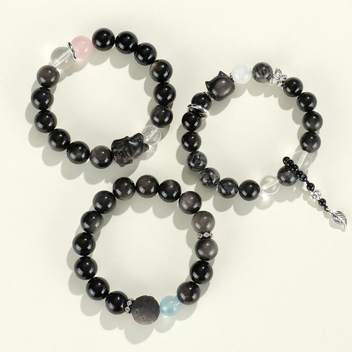 Buddha Stones Natural Silver Sheen Obsidian Cat Head Fox Planet Protection Bracelet - image 12
