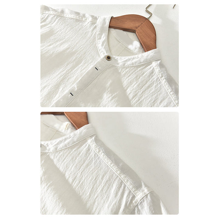 Buddha Stones Solid Color Short Sleeve Half Button Shirt Cotton Men Clothing - image 8