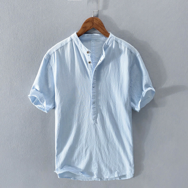 Buddha Stones Solid Color Short Sleeve Half Button Shirt Cotton Linen Men Clothing - LightSkyBlue - US/UK/AU40，EU50 (3XL) - image 10
