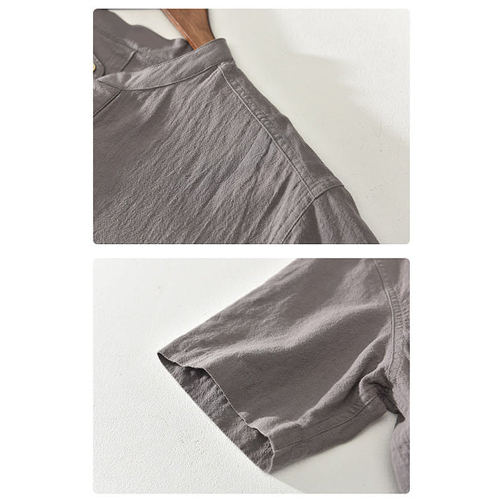 Buddha Stones Solid Color Short Sleeve Half Button Shirt Cotton Men Clothing - image 12