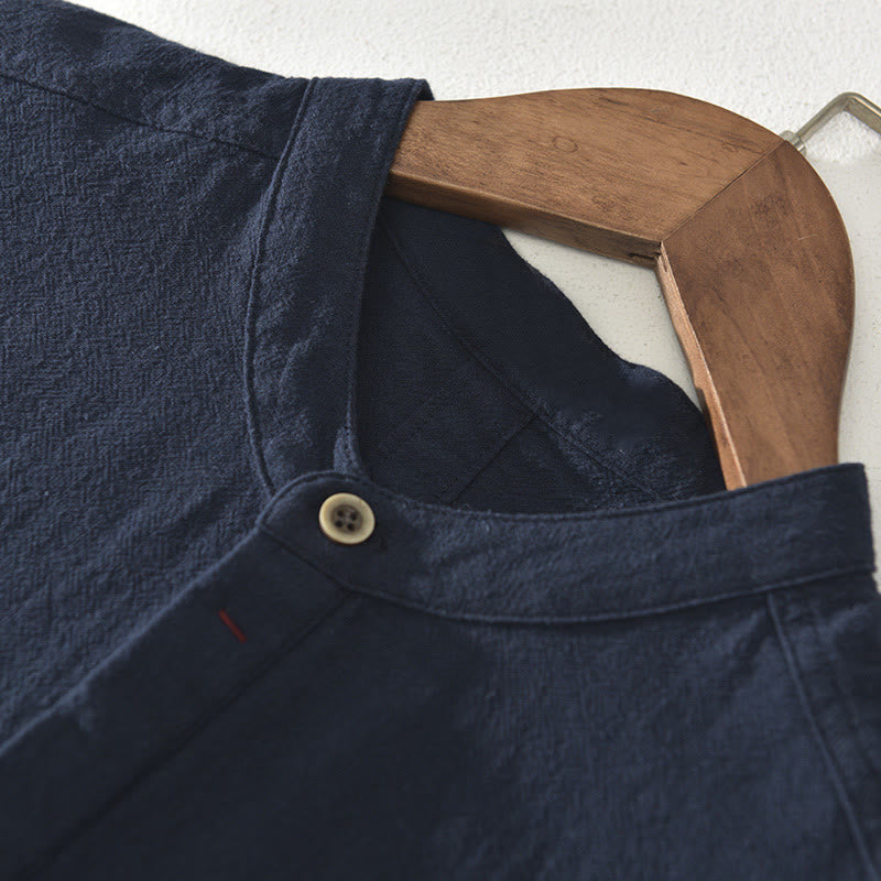 Buddha Stones Solid Color Short Sleeve Half Button Shirt Cotton Men Clothing - image 3