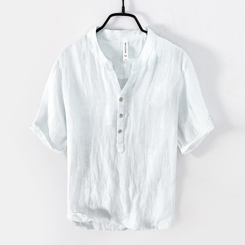 Buddha Stones Solid Color Short Sleeve Half Button Shirt Cotton Linen Men Clothing - Short Sleeve - White - US/UK/AU50，EU60 (5XL) - image 12