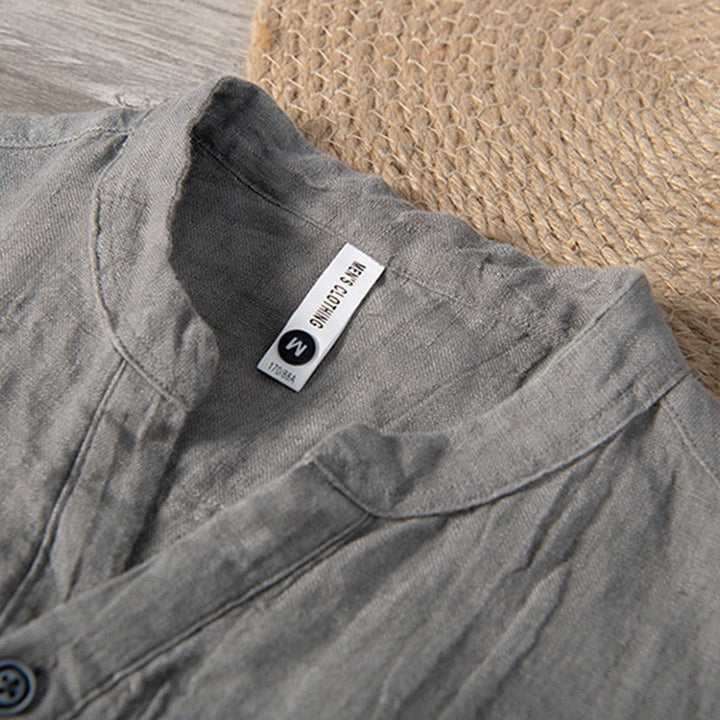 Buddha Stones Solid Color Short Sleeve Half Button Shirt Cotton Linen Men Clothing - image 3