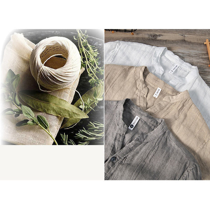 Buddha Stones Solid Color Short Sleeve Half Button Shirt Cotton Linen Men Clothing - image 20