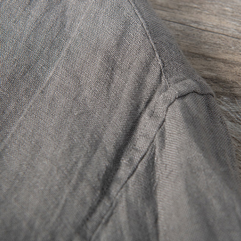 Buddha Stones Solid Color Short Sleeve Half Button Shirt Cotton Linen Men Clothing - image 7