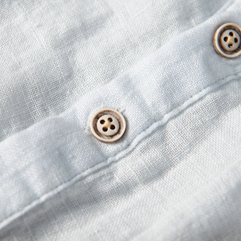 Buddha Stones Solid Color Short Sleeve Half Button Shirt Cotton Linen Men Clothing - image 15